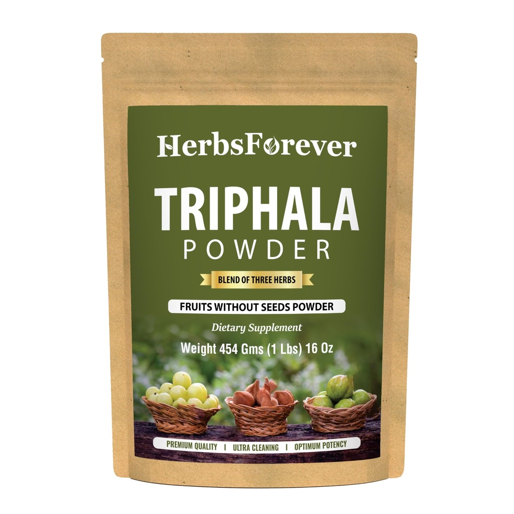 Herbsforever Triphala Churna pulver Tradisjonell ayurvedisk formulering støtter avgifts- og fordømmelsesikke GMO, Vegan 454 GMS
