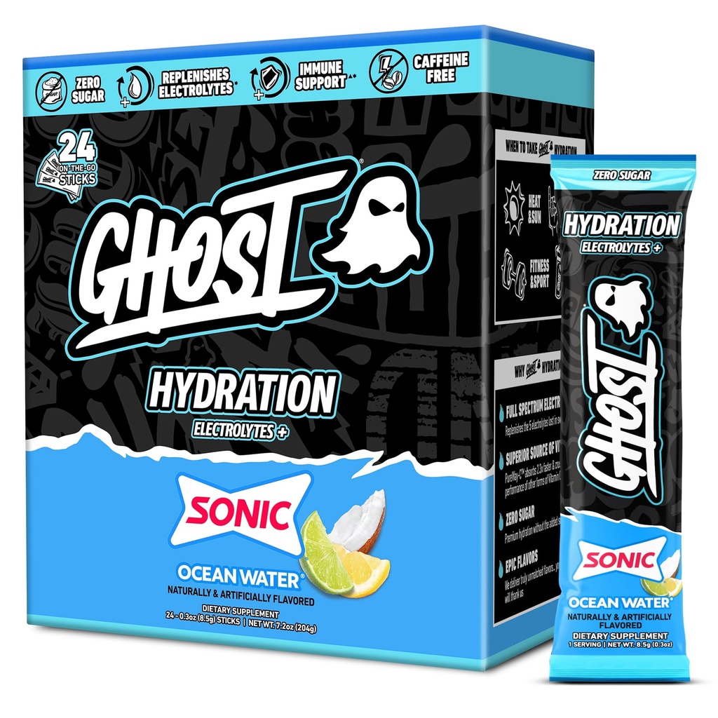 GHOST Hydration Packets, Sonic Ocean Water, 24 Sticks, Elektrolyt pulver - Drikkeblanding Supplement med magnesium, Kalium, Kalsium, vitamin C - Vegan, Gratis soya, sukker og gluten
