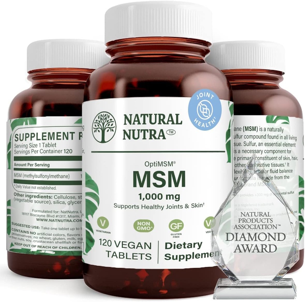 Naturlig Nutra OptiMSM, MSM Supplement med svovel, forhindre tynnhår, øke leddfleksibilitet og bein helse, Cartilage Helse, støtter flytende balanse, 1000 mg, (120) Vegantabletter