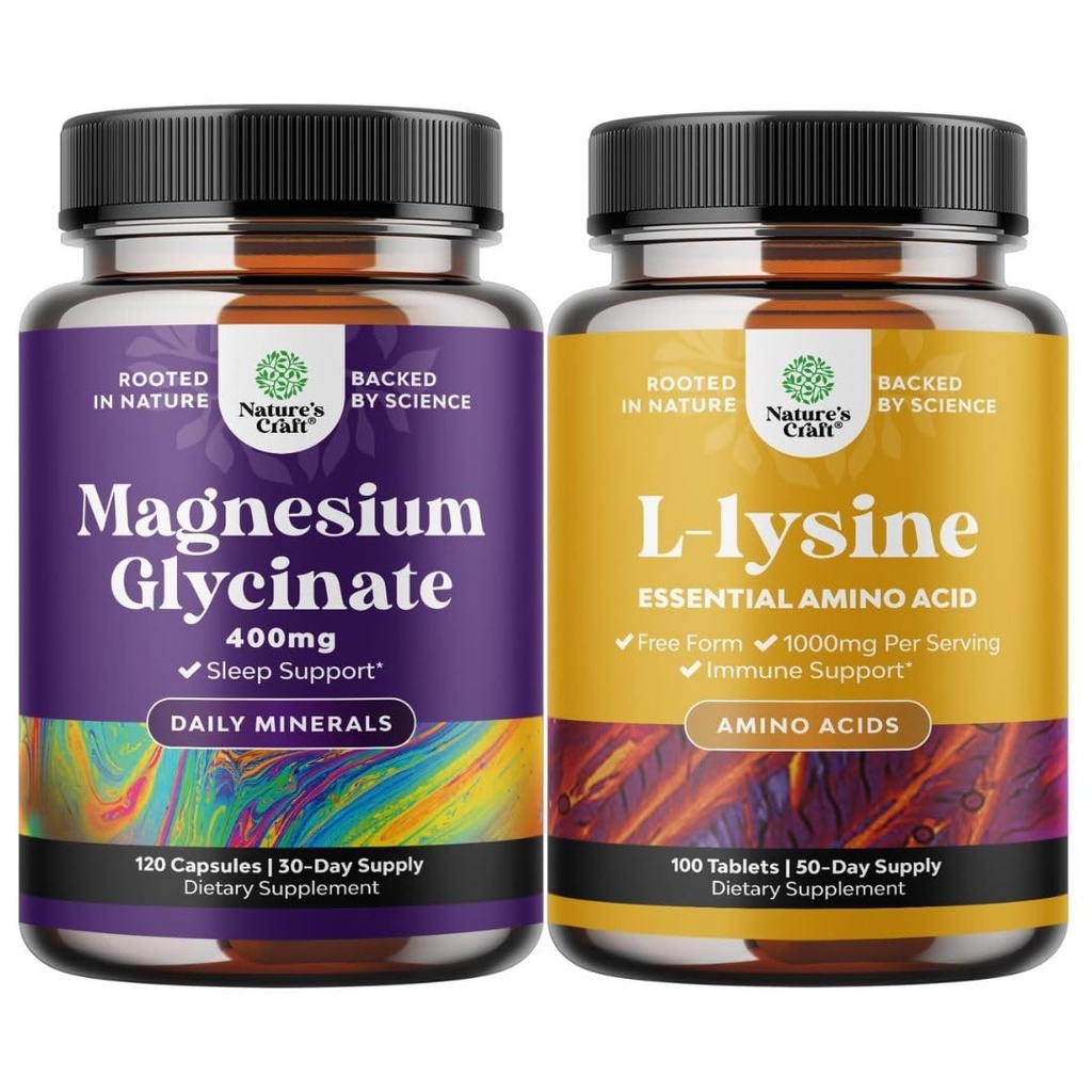 Bundle av Magnesium Glycinate Kapsler for kvinner og menn for humør og avslapping og L-lysin essensielle aminosyrer for øye helse Lip Care Bone støtte immunsystem støtte muskelvekst