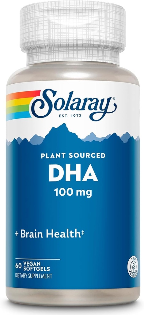 SOLARAY DHA Supplements 100 mg - D H A Omega 3 fettsyrer for helse støtte, prenatal DHA Omega 3 Supplement - Plante laget av algae olje - 60-dagers garanti, 60 serveringer, 60 Vegansk Softgels