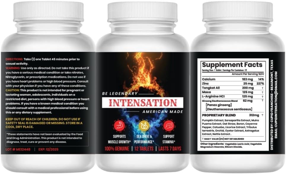 INTENSASJON - Mannlig Supplement - All naturlig Stamina Support - Sist lengre - Øk størrelse, styrke og utholdenhet - Forbedre energinivå - Optimer vitalitet - 12 tabletter