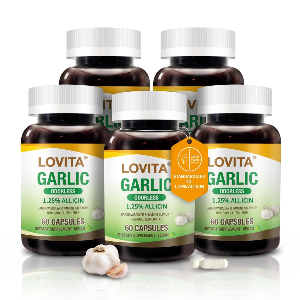 Lovita Odorless hvitløk kapsler, 5000mg fersk hvitløk ekvivalent, 1,25% allicin ekstrakt, støtter hjerte, blodtrykk, kolesterol og immunsystem, ikke-GMO, Glutenfri, 300 Vegan Kapsler