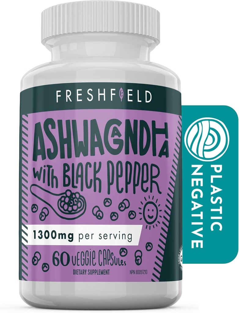 Freshfield Ashwagandha med svart pepper. Vegansk Vennlig Supplement for adrenal tretthet støtte, muskelminne, thyroid og styrke. Alle naturlige 1300 mg kapsler