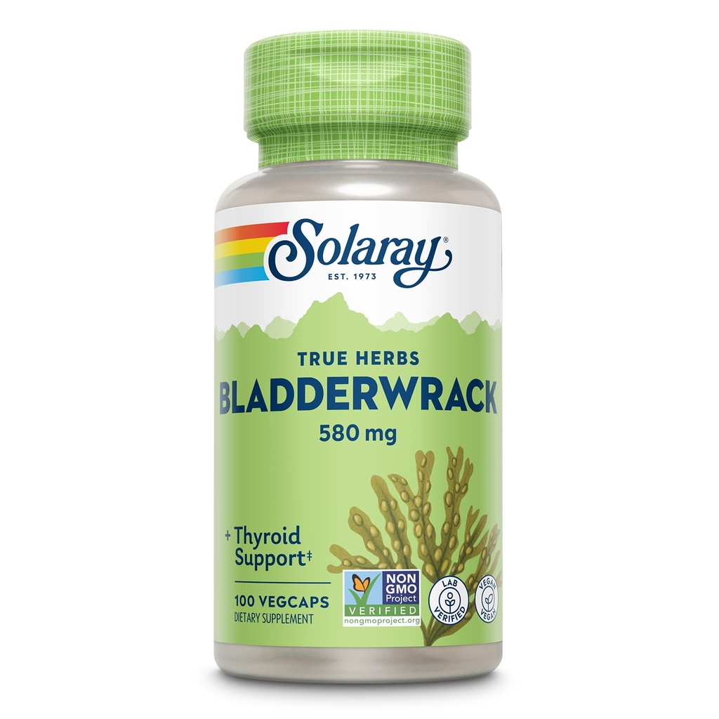 SOLARAY Bladderwrack Capsules 580 mg - Nutrient-pakket Seaweed Supplement, høy i jodin - Balansert Herbal Support - Vegan, ikke-GMO, 60-dagers garanti, Lab Verifisert - 100 Services, 100 VegCaps