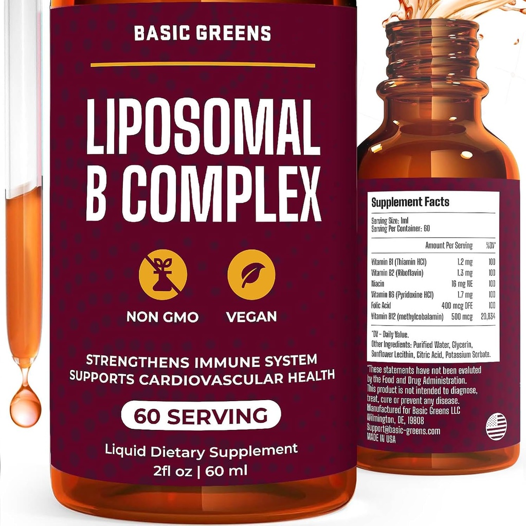 Liposomal B vitaminer kompleks flytende - høy absorpsjon for energi, hjerne og hud helse, hår og negler, avansert liposomal levering, vegansk, ikke-GMO, 2 Fl Oz