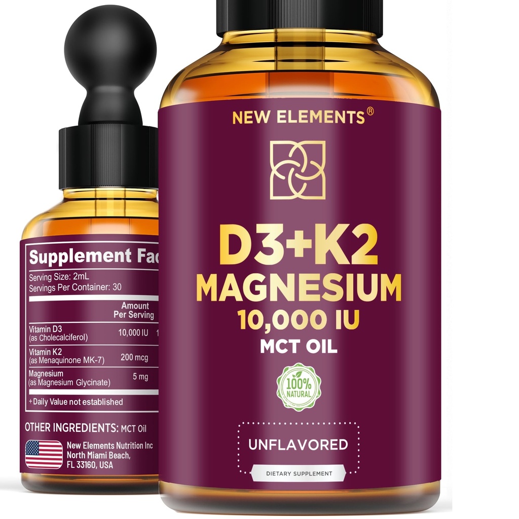 Væske Vitamin D3 med K2 & magnesiumglycinat | Vitamin D D dropper 10.000 IU Vitamin K2 200mcg Mk7 | Vitamin D3 + K2 Tillegg for menn og kvinner | høy absorpsjon | MCT olje | Glutenfri | Ikke-GMO