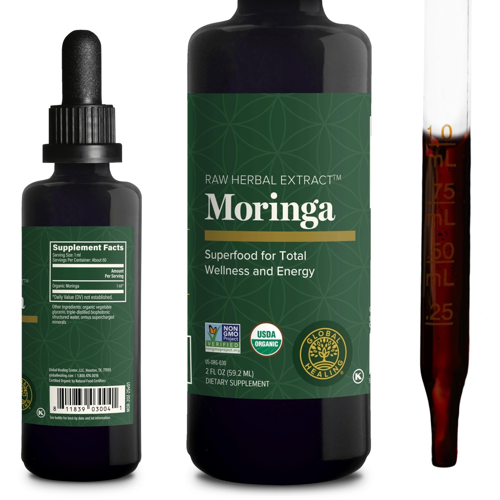 Global Healing Center - Organic Moringa Oleifera Extract flytende dråper, Moringa Supplement-Vegan fra treblad-maks absorpsjon av vitaminer og mineraler- mer potens enn pulverform (2 fl Oz)