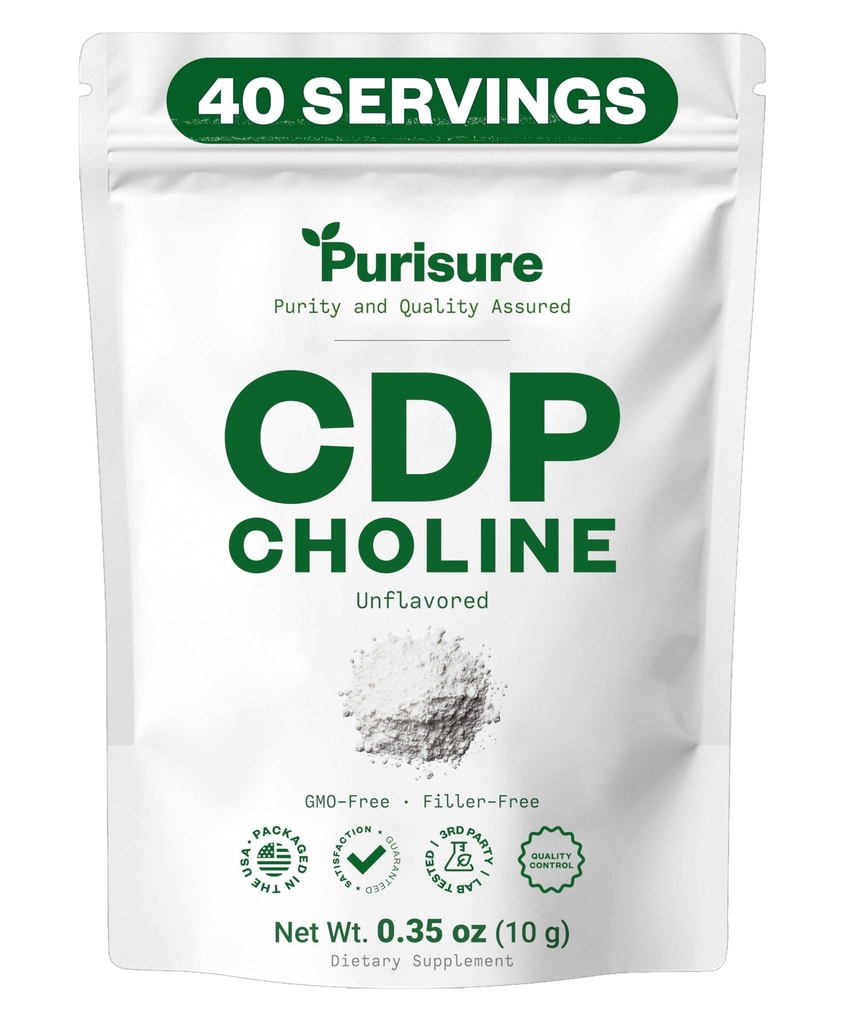 Purisure CDP Choline pulver, 10g, CDP Choline kosttilskudd som støtter oppmerksomhet, fokus og energi, Citikolin pulver for kognitiv funksjon, øker motivasjon og produktivitet, 40 serveringer