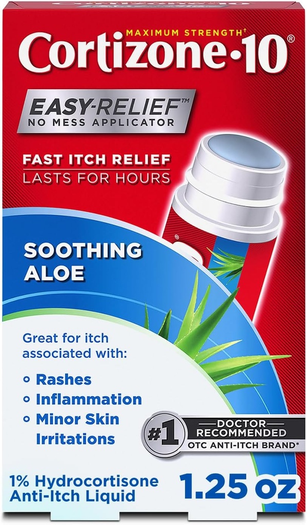Cortizone-10 Maks styrke beroligende Aloe Itch Relief Ingen Mess Applicator, 1% Hydrokortison, Fast-Active, Anti-Itch væske for Bug Bites, Rash, Eczema, Psoriasis, Poison Ivy, Oak & Sumac, 1.25 fl oz