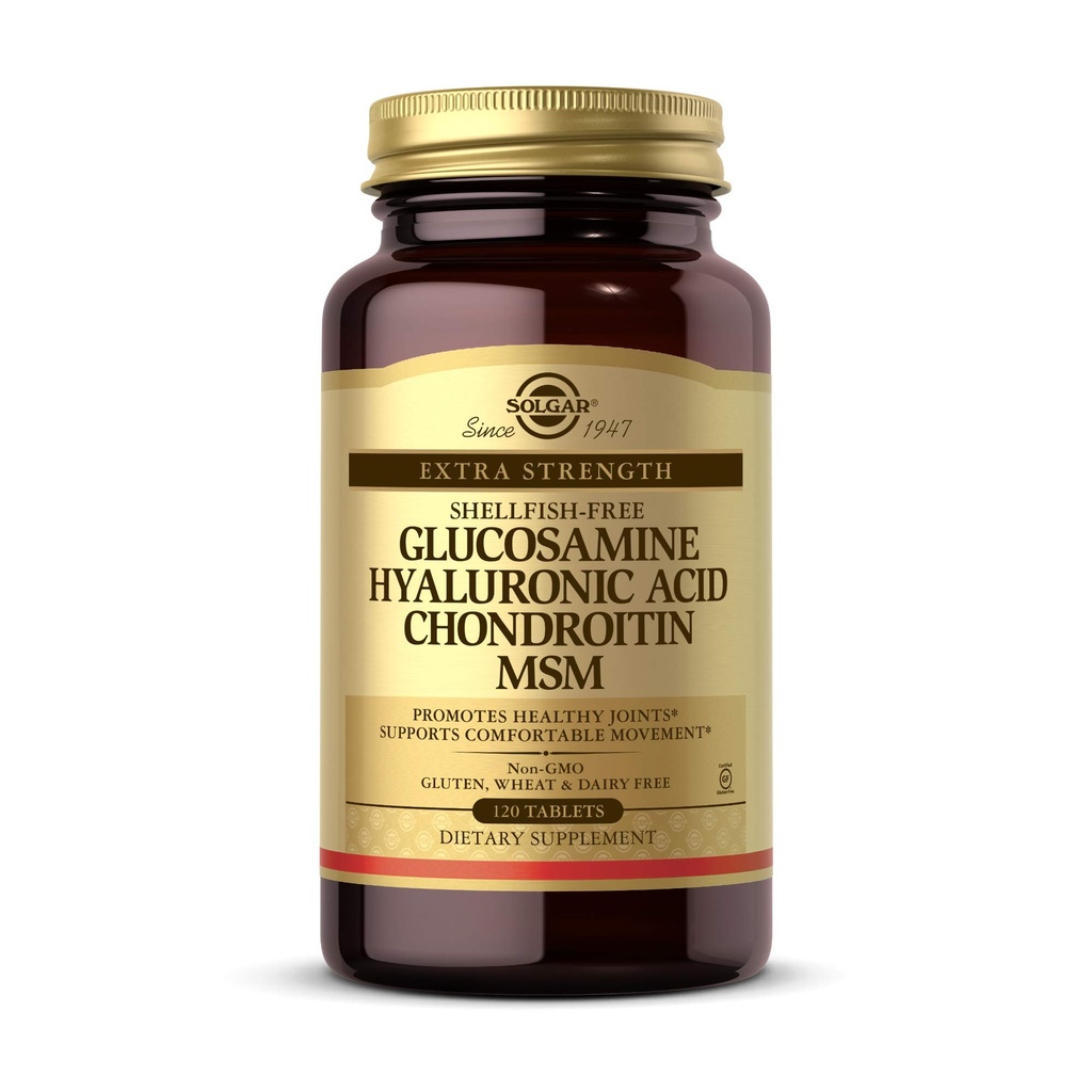 Solgar Glukosamin Hyaluronsyre Chondroitin MSM, 120 tabletter - støtter sunne ledd - støtter rekken av bevegelse og fleksibilitet - Ekstra styrke, skalldyr gratis - ikke-GMO, Glutenfri - 40 Services