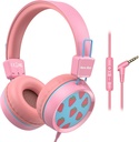Ny Bee Kids Hodetelefoner Wired for skole med mikrofon KH20 HD Stereo Safe Volume Limited 85dB/94dB Foldbar lettvekt for jente/Mac/Android/Kindle/Tablet/Pad (Pink)