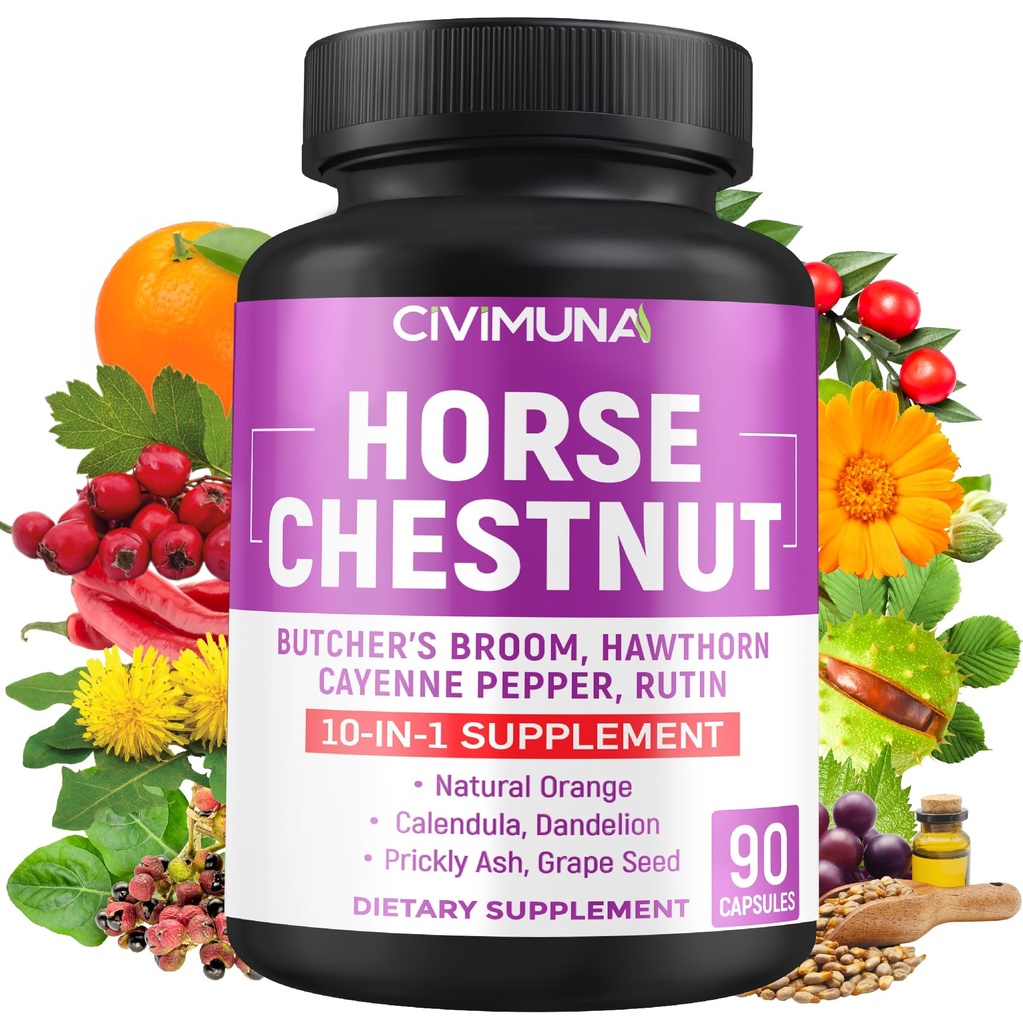 Heste Chestnut Kapsler med Heste Chestnut, Butcher's Broom Root, Cayenne Pepper og mer - 90 Kapsler i 3 måneders forsyning