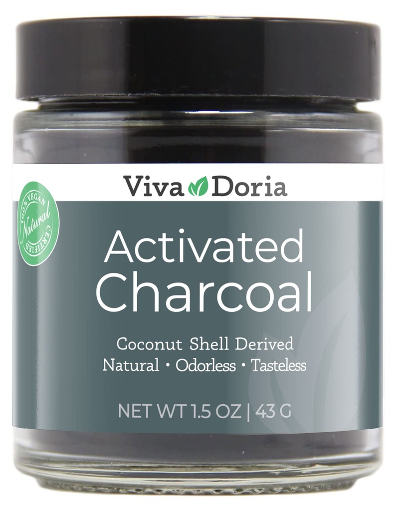 Viva Doria Jomfru Aktivert Charcoal pulver, Coconut Shell avledet, mat klasse, 1,5 Oz Glass Jar