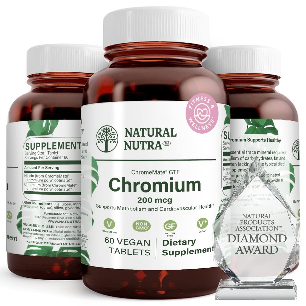 Naturlig Nutra GTF krom polynikotinate med ChromeMate, støtter kroppsmetabolisme, fremme kroppshelse, kardiovaskulær helse 200mg, 60 vegantabletter