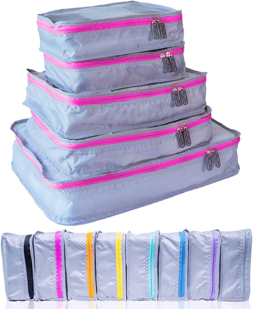 MUMI Packing Cubes - 5-Piece komprimering pakke kuber for reise, Bagasje Arrangører for suitcases, bære-på poser, ryggsekker og duffel poser - Space-Saving Travel Essentials - Pink