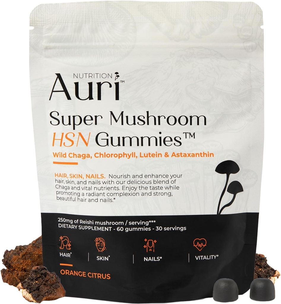 Auri Super Mushroom HSN Gummies - Håret Hud og negler Gummier Funksjonell Mushrooms Supplement - med Wild Chaga, Klorofyll, Lutein og Astaxanthin - 60 Orange Citrus Gummies