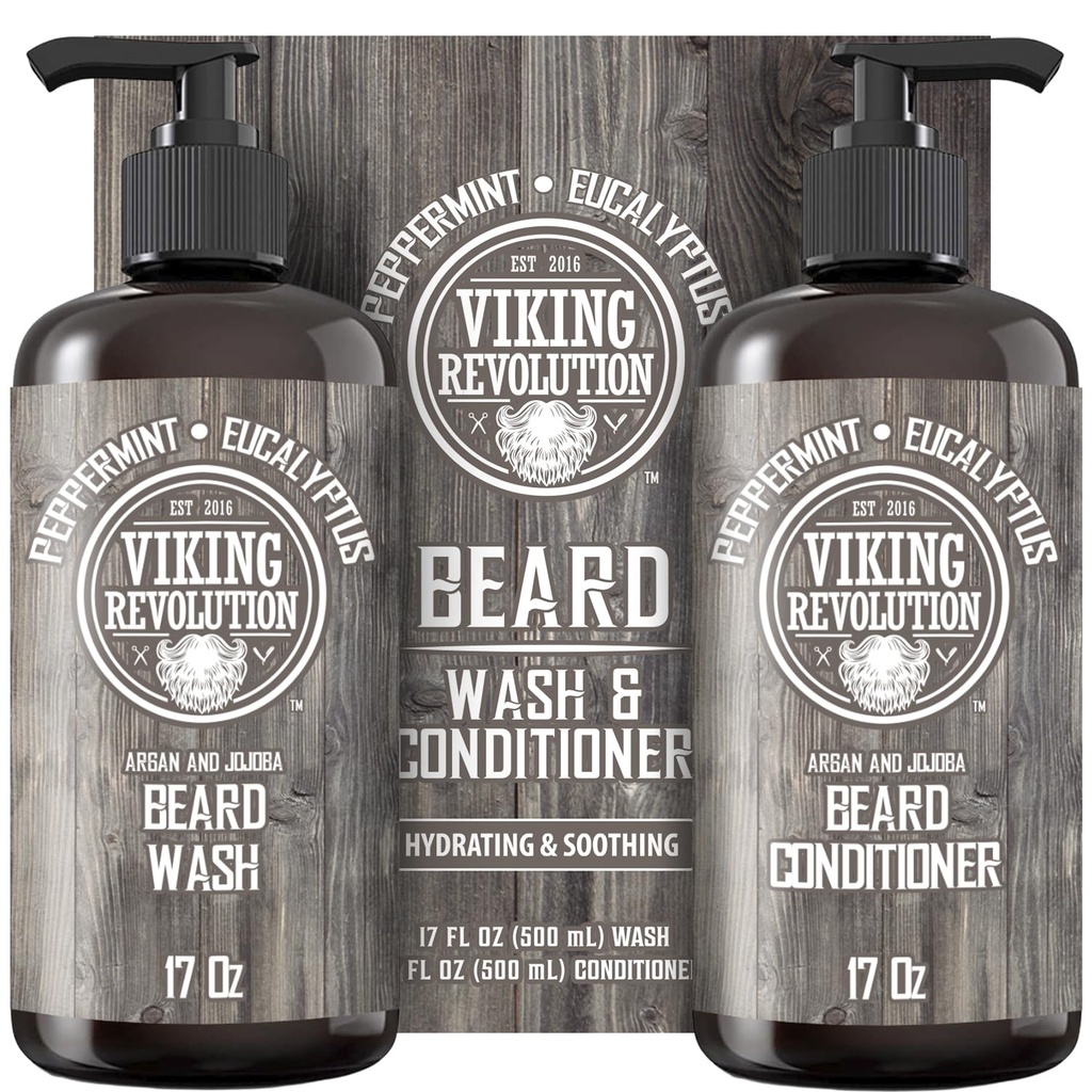 Vikingrevolusjon Skjorter Vaske og balsam Sett w/Argan & Jojoba oljer - Softens, glatter og styrker Beard Vekst - Naturlig Peppermynte og Eucalyptus Sent - Shampoo (17 oz)