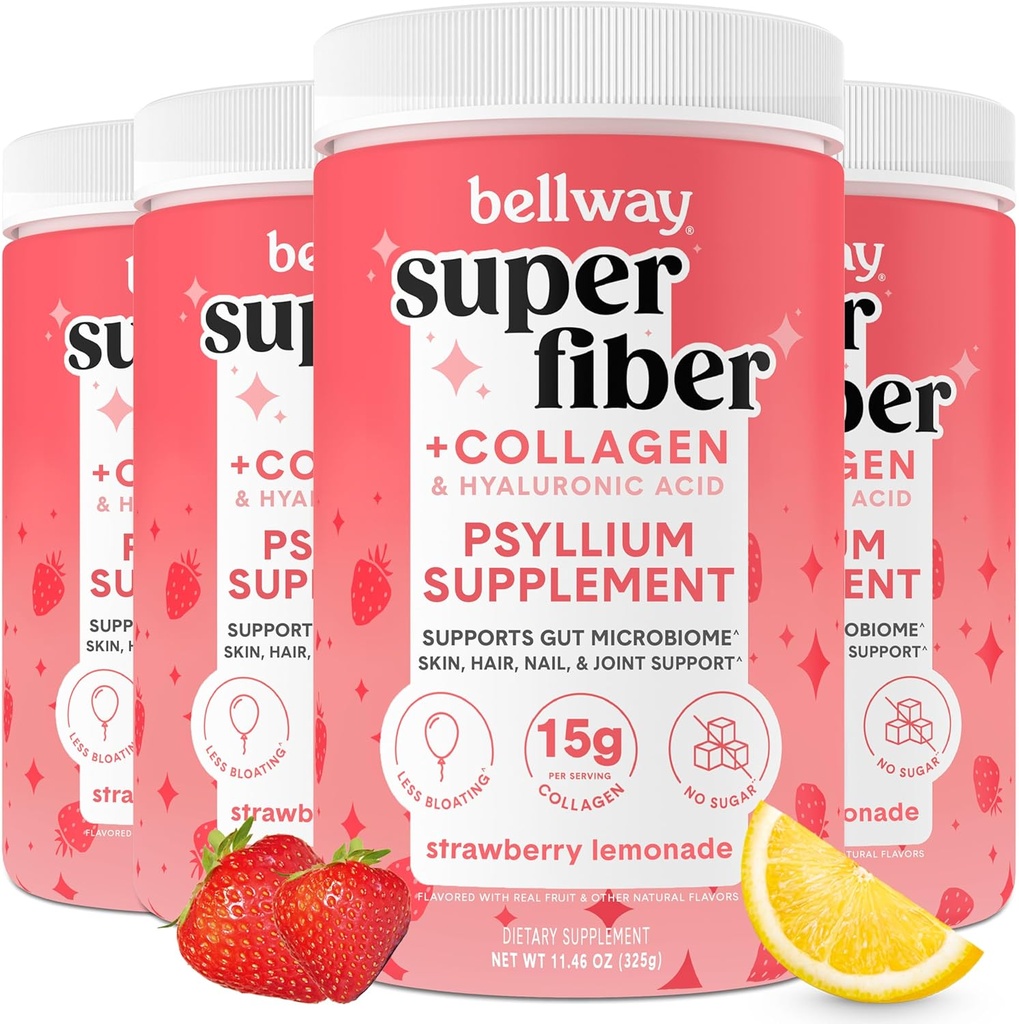 Bellway Super Fiber Powder + Collage (4 Pack), sukkerfri Psyllium Husk pulver med collagen Peptider for Gut helse, sunn hud, negler, bein og ledd, Strawberry Lemonade (45,84 oz)