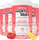 Bellway Super Fiber Powder + Collage (4 Pack), sukkerfri Psyllium Husk pulver med collagen Peptider for Gut helse, sunn hud, negler, bein og ledd, Strawberry Lemonade (45,84 oz)
