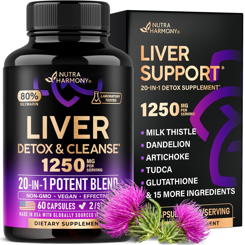 Liver Cleanse Detox & Reparasjon - Melk Thistle | Dandelion | Artichoke | TUDCA | Glutathione & NAC - Effektiv Liver Helse Supplement | 80% Silymarin - Laboratorium testet, Vegan - Laget i USA 60 Kapsler