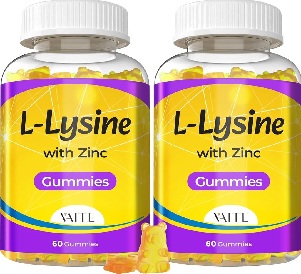 L Lysine Gummies 1000mg med sink - Støtter huden, leppe, vegansk, glutenfri, 60 Chewable L-Lysine for voksne, vitaminer veve helse og immunsystem, Aminosyre og komplekse kosttilskudd, ikke-GMO(2Pack)