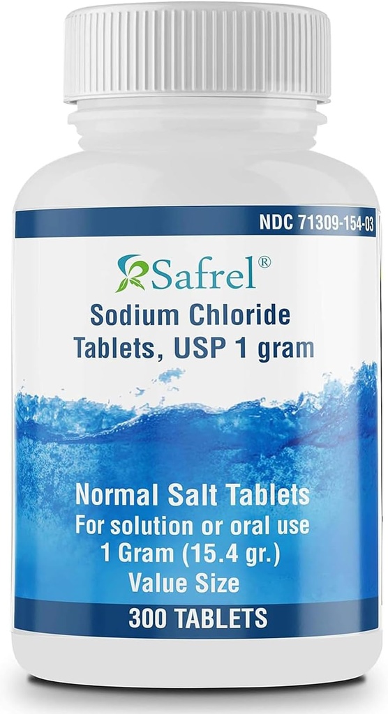 Safrel Natriumkloridtavler 1 gm, USP | Normale salttabletter | (15,4 g) | Elektrolyter Replenisher Hydration Drink (300 tell (pakke med 1))