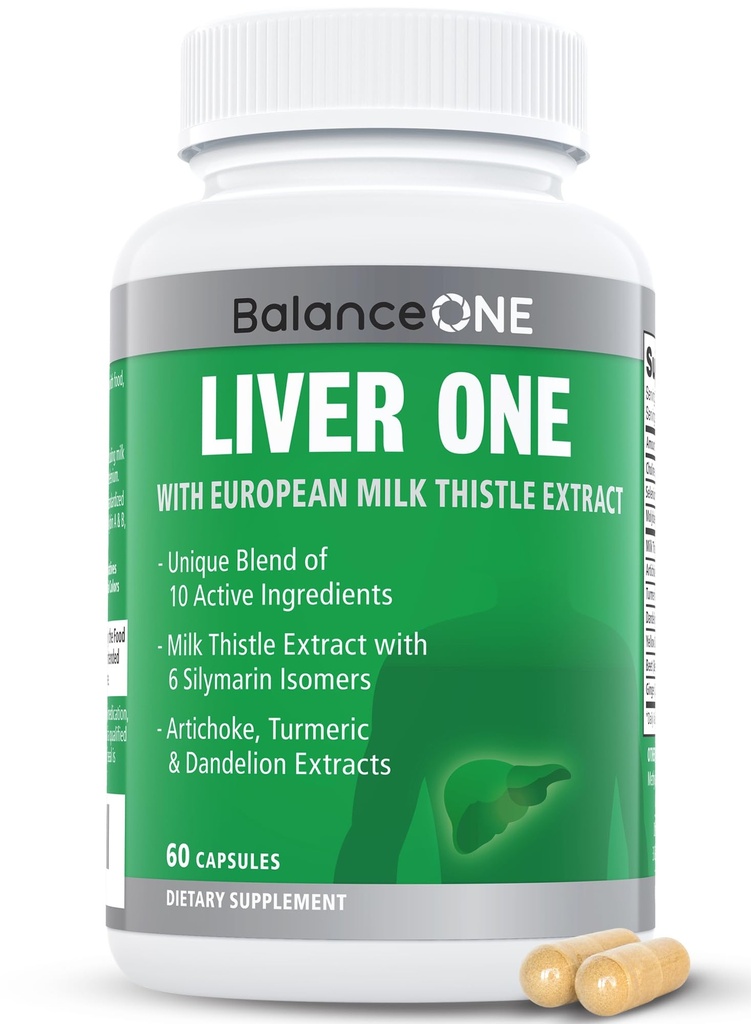Balanse En Liver Support Supplement med Melk Thistle Extract, Dandelion Root & Molybdenum - Naturlig lever renser, Reparasjon og Detox for menn og kvinner - Vegan Capsules, 1 måneds forsyning - Liver One