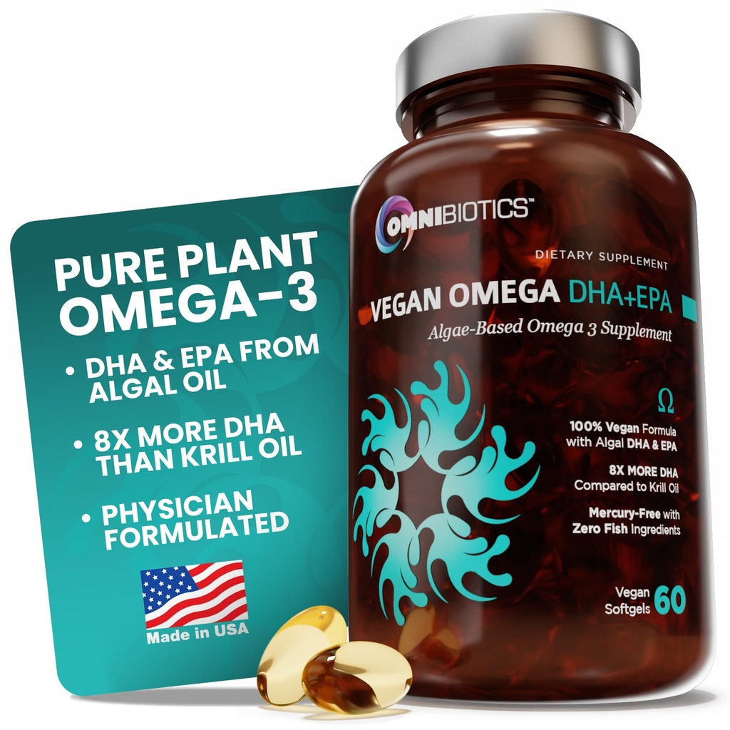 OmniBiotics Vegan Omega 3 DHA EPA Supplement - MD-sertifisert Prenatal Supplement med 8X Mer DHA enn krillolje, fisk-fri, ikke-GMO – 60 Vegan Kapsler