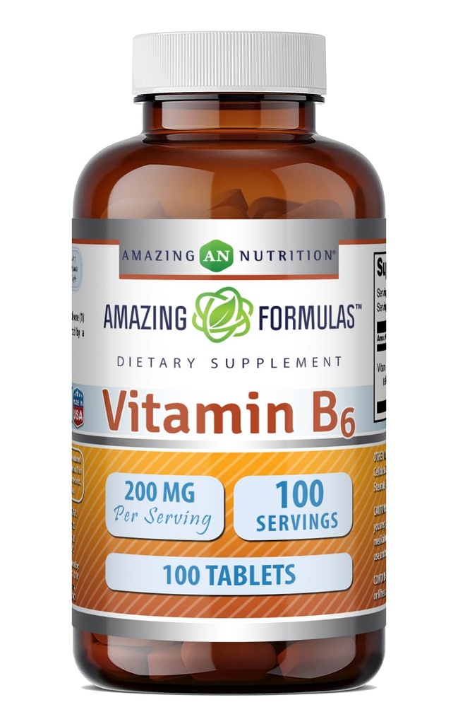 Amazing Formler Vitamin B6 Pyridoxin 200 mg 100 tabletter Supplement | Ikke-GMO | Glutenfri | laget i USA
