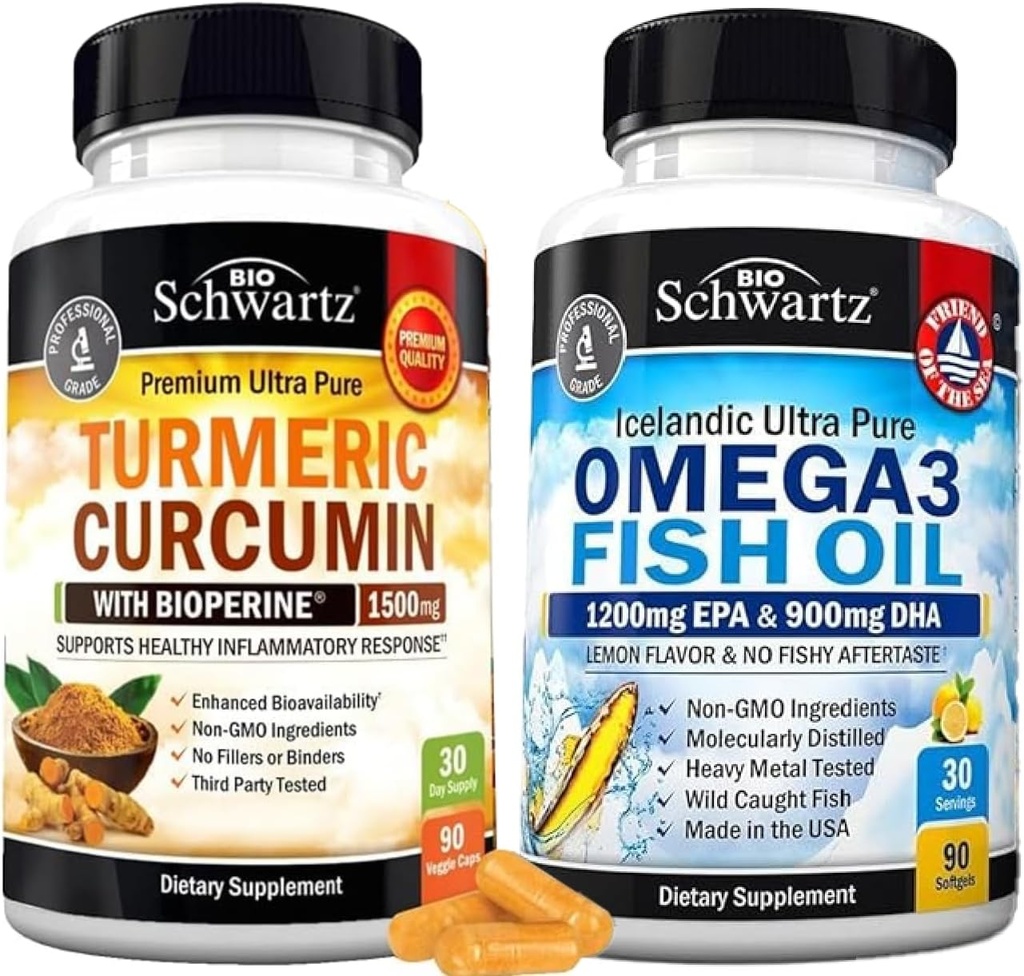 Triple Styrke Omega 3 Fish Oil Softgels (1 måneds forsyning) Plus gurkemeie curcumin med svart pepper ekstrakt 1500 mg kompleks (1 måneds forsyning)