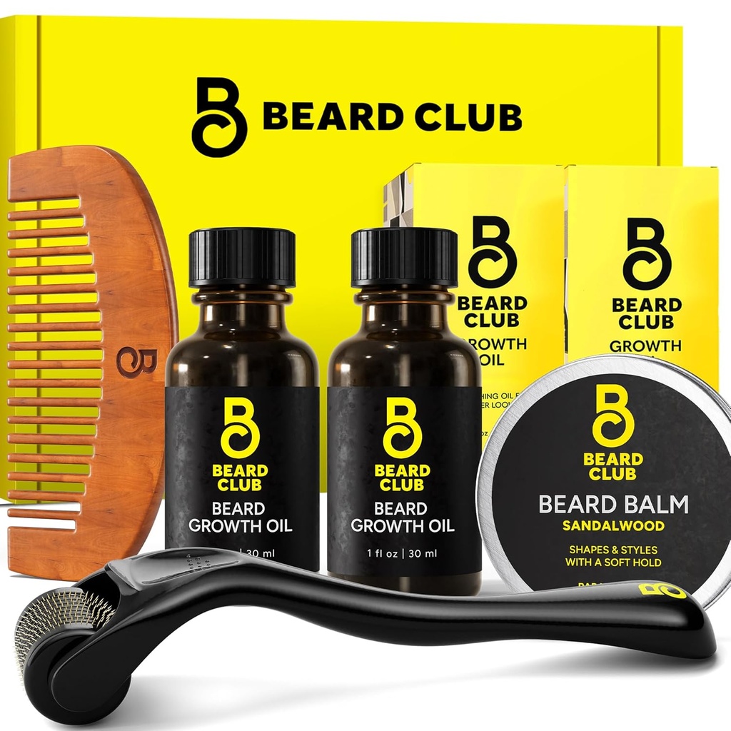 Beard Club Enhanced Beard Growth Kit - Derma Roller, Beard Growth Oil (2PK), Sandalwood Beard Balm, Comb - Gavesett