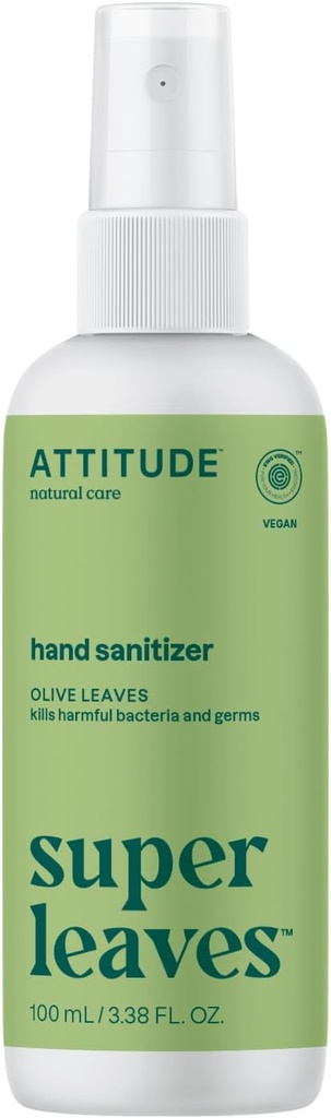 ATTITUDE hånd sanitasjonssprøyte, EWG verifisert, dreper Germs og bakterier, Vegan & plantebasert, trygt for voksne og barn, Oliveblader Sent, 3,38 Fl Oz (sprayflaske)