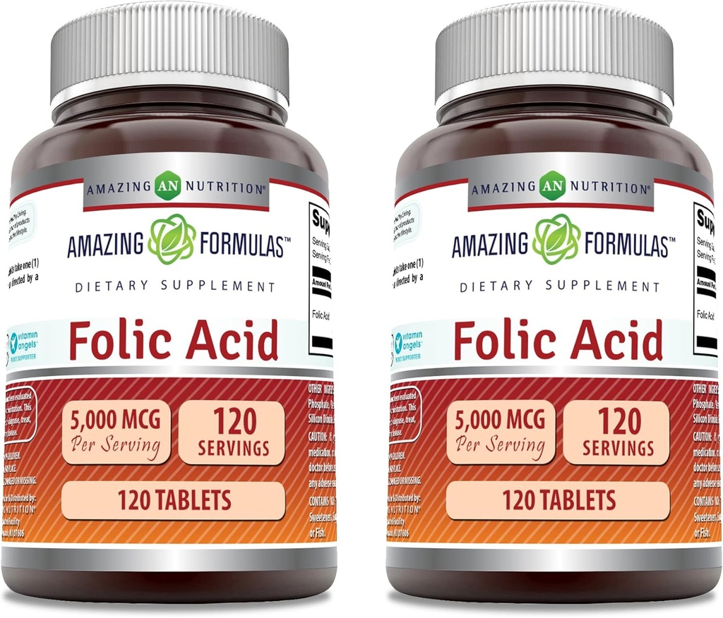 Amazing Formler Folic Acid Supplement 5000 Mcg | 120 tabletter | Ikke-GMO | Glutenfri | laget i USA (2 Pack)