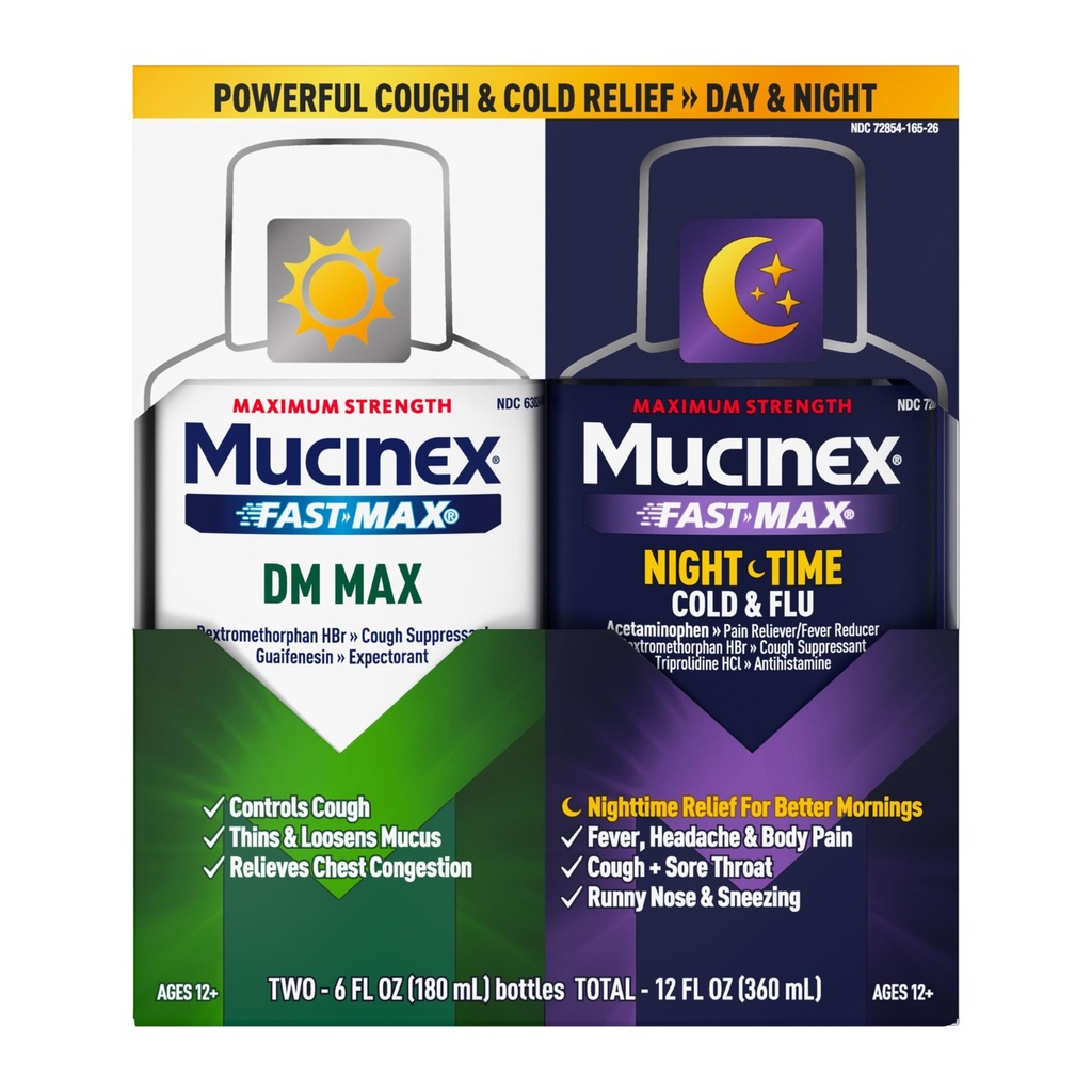 Maksimal styrke Mucinex FastMax DM Max & Mucinex Nightshift Cold & Fluid (2 x 6 fl. oz.) Tynn & Loosens Mucus, leeves Cough & Chest Congestion, Smerte, Feber, Sneezing, Sore Throat, Runny Nese