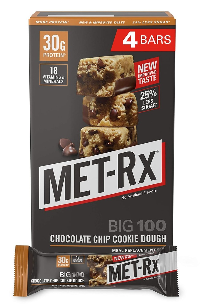 MET-Rx Big 100 Colossal Protein Bars, Flott som sunn måltid erstatning, Snack, og hjelp støtte energi, Glutenfri, Sjokolade Chip Cookie Daugh, 100 g, 4 greve (pakke May Vary)