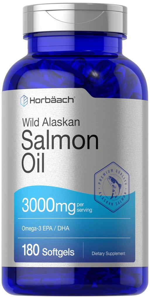 Horbäach Wild Alaskan lakse fisk olje | 180 Softgel kapsler | Glutenfri, Ikke-GMO | Høy styrke | Utmerket kilde til Omega-3 fettsyrer EPA og DHA