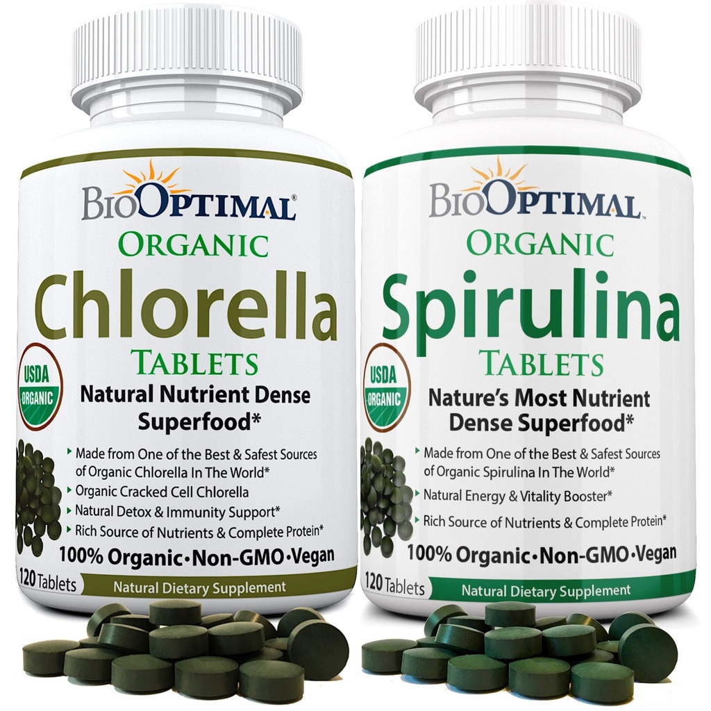 BioOptimal Chlorella Spirulina - Bundle - økologiske Chorella-tabletter og organiske Spirulina-tabletter, 120 teller hver, Premium kvalitet 4 organiske sertifiseringer