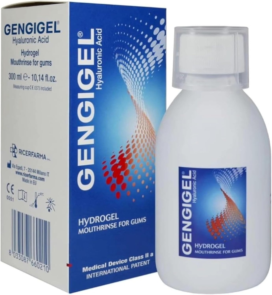 Gengigel Hyaluronsyre Munthrinse (300 ml), oral omsorgsløsning for gum helse, reduserer diskomfort, bidrar til å lindre gum recession og gingivitt, ingen alkohol eller SLS, Vegan & Kosher