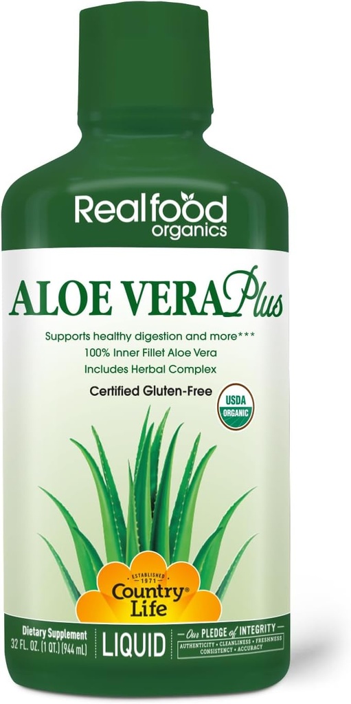 Country Life Realfood Organics Liquid Aloe Vera Plus - Støtter Digestiv helse & immunsystem - med Slippery Elm, Ginger, Turmeric, Peppermynte - Organic ACTIvaloe, Qmatrix Prosess - 32 oz