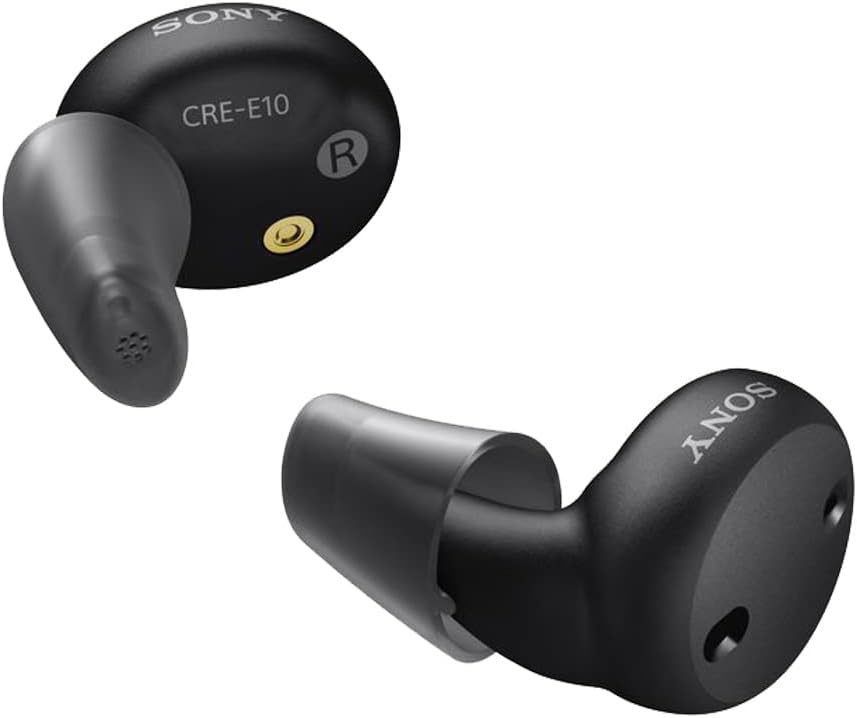 Sony CRE-E10 Selvmonterende OTC høreapparater for milde til moderate hørselstap, reseptbelagt lydkvalitet, behagelig øreproppdesign, Bluetooth-aktivert for iOS og oppladbart batteri, svart
