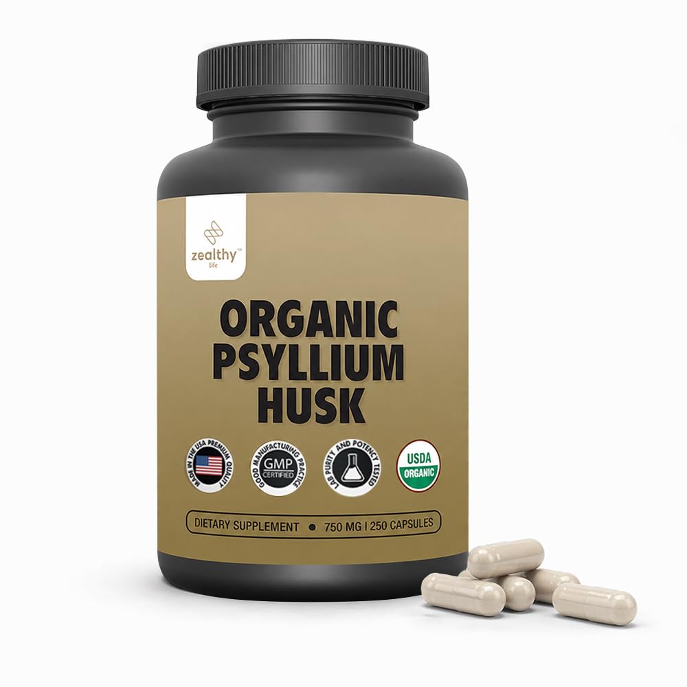 Organisk Psyllium Husk Kapsler 750 mg, Naturlig Fiber Supplement for Gut Helse* - Alternativ til Psyllium Husk pulver, Zealthy Life, 250 Kapsler