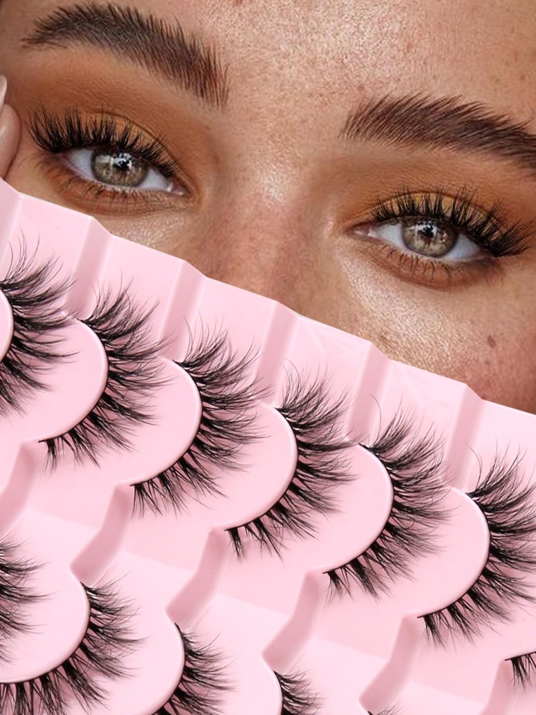 Lashes Naturlig Cat Eye Lashes Wispy Eyelashes 15mm Falske Øyevipper Wispy Lashes 3D Volume Strip Øyevipper Tynn bomull Band Myk Fake Øyevipper Falske Lashes Pack 7 Par Siligli