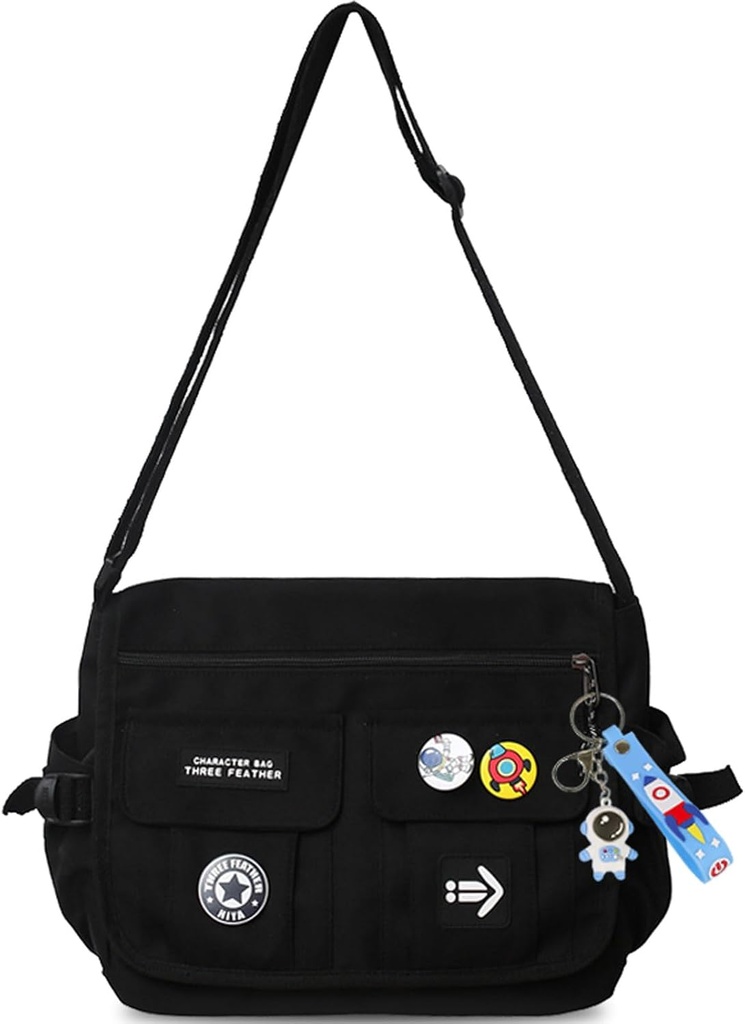 Mote Crossbody Veske med søte tilbehør Nylon Casual Messenger Veske med anheng lett håndveske reise dagpakker (svart)