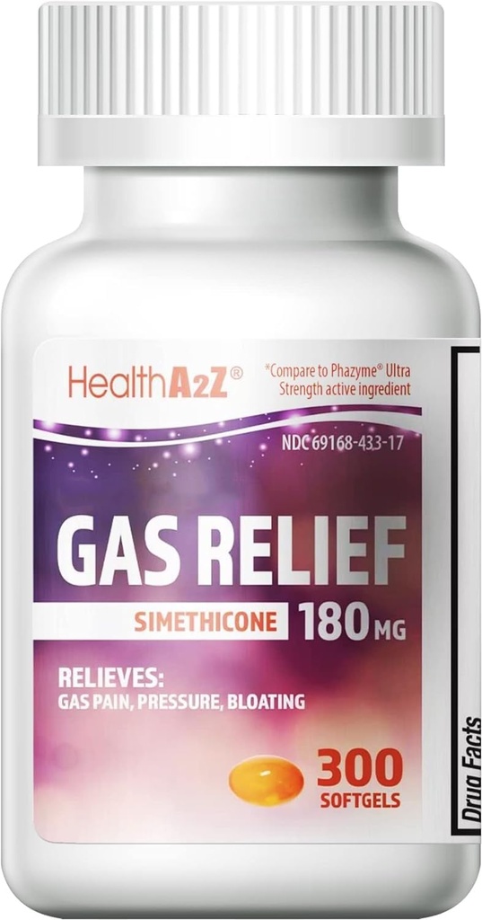 HealthA2Z® Gassrelief Simetikon 180 mg | lindrer fra mageforstyrrelse og gass | Anti flatulens | lindrer gass raskt (300 teller (pakke med 1))