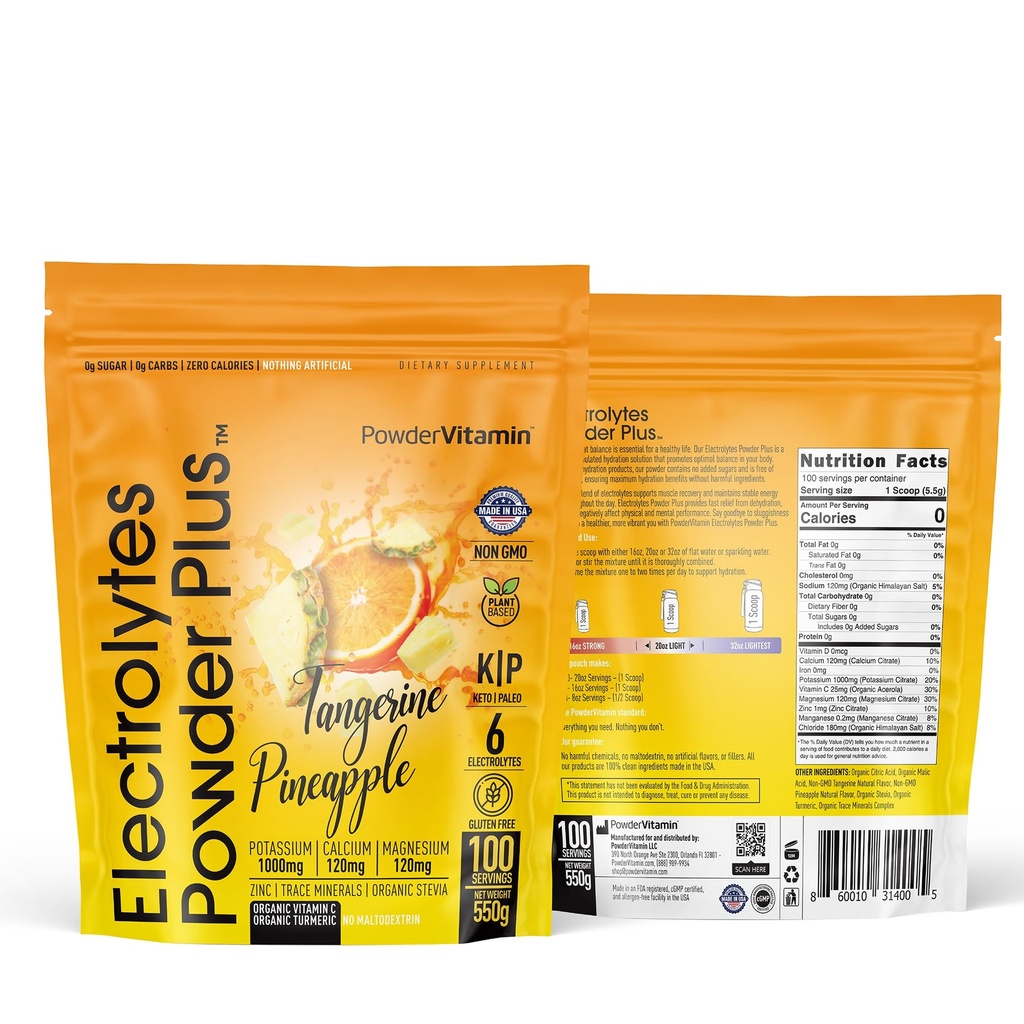 PowderVitamin Electrolytes pulver Plus (100 porsjoner) Tangerine Pineapple Electrolyte pulver Zero Calorie Keto,0Sugar, Ingen Maltodextrin,1000 mg Kalium,120 mg kalsium,120 mg magnesium, Hydrasjon pulver
