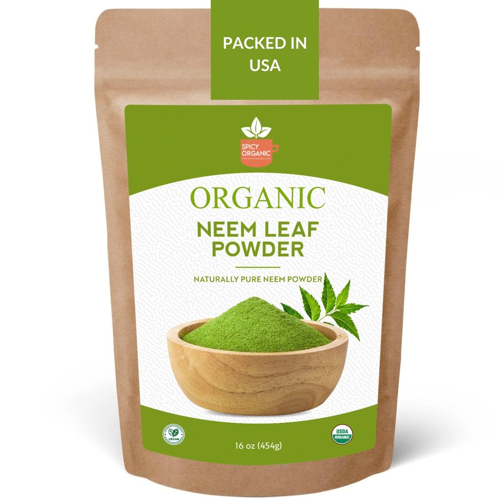 SPICY ORGANIC Neem pulver – 16 oz. - Certified USDA Organic -Non-GMO - Frisk tørket Neem etterlater pulver for sunt hår og hud - Azadirachta Indica Ayurvedic urt for total velvære