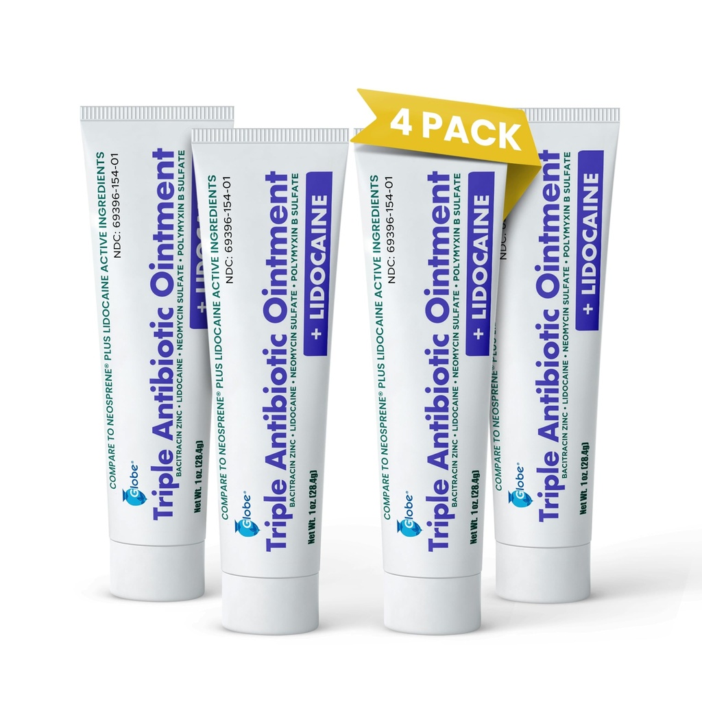 Globe (4-Pack) Lidocaine førstehjelp Antibiotisk Ointment 1 Oz - Maksimal styrke smerte lindring og infeksjon beskyttelse - Numbs huden raskt med Lidocain - Nødbruk og infeksjon beskyttelse