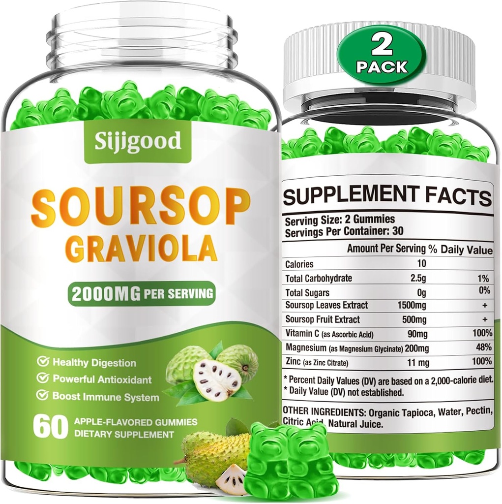 2 Pack Soursop Graviola Gummies - Organisk Soursop blader og frukt ekstrakt - Digestiv hjelp, immun støtte og antioksidant egenskaper - 120 Apple Flavored Gummies