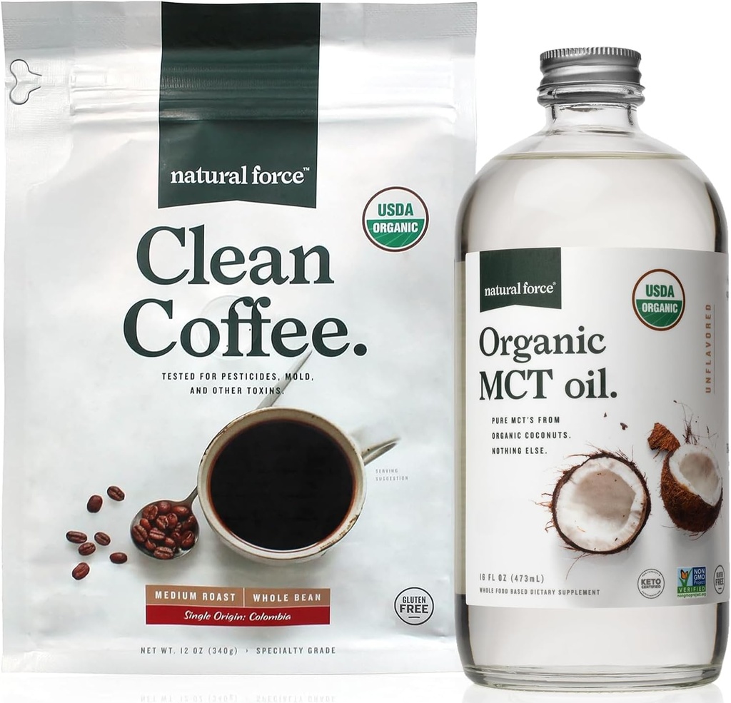 Natural Force Organic Clean Coffee + Organic MCT Oil Bundle – 100% ren kokosnøtt MCT & Mold & Mycotoxin Gratis kaffe – ikke-GMO, keto, paleo og vegansk - 12 Oz Bag og 16 Oz Glassflaske